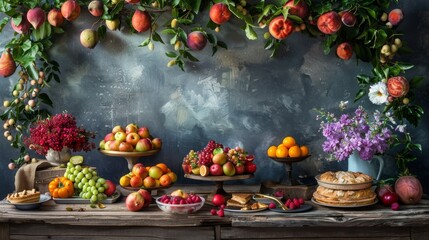 Fototapeta premium a vibrant and appetizing setup featuring various fruits and pastries arranged on a rustic wooden table under soft natural light