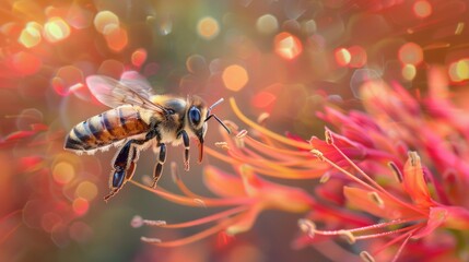 Close-up of a bee delicately landing on a flower, its wings a blur of motion, AI Generative