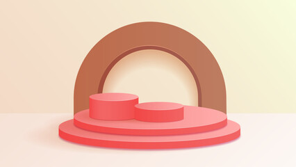 3d modern abstract geometric background for ecommerce. With red stage podium, brown arch and cream background.