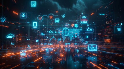 Digital marketing technology concept visualized, a vibrant network of icons and data streams representing SEO, SMM, AI Generative