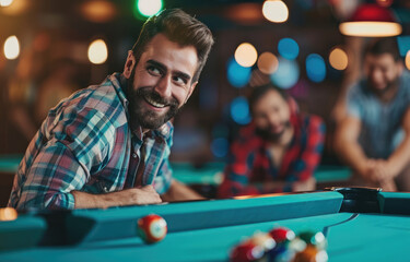 A handsome man playing billiards with friends