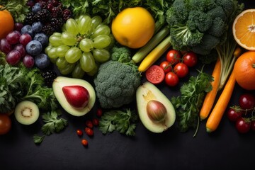 top view assorted colorful fruits and vegetables. background vegetable banner.
