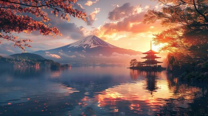 Japan fantasy style scene, artful blend of traditional and mythical elements, vibrant landscape, AI Generative - obrazy, fototapety, plakaty