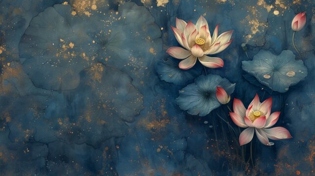 Elegant top view of a lotus flower gracefully floating in a pond, presented on a fine art dark paint canvas texture. This wallpaper embodies the peaceful essence of a Japanese zen, AI Generative