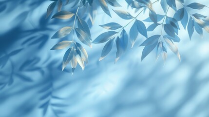 Light blue wall with delicate palm leaf shadows, minimal and abstract, ideal background for product presentations, spring and summer vibe, wide format, AI Generative