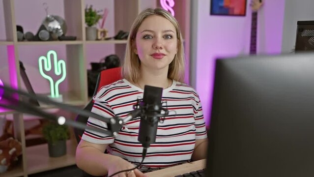 Blonde bombshell gaming streamer wows with a winning smile and a thumbs up! seated at her pc in the gaming room, this confident young woman is the face of online success.