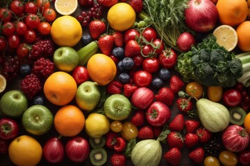 top view assorted colorful fruits and vegetables. background vegetable banner. - obrazy, fototapety, plakaty