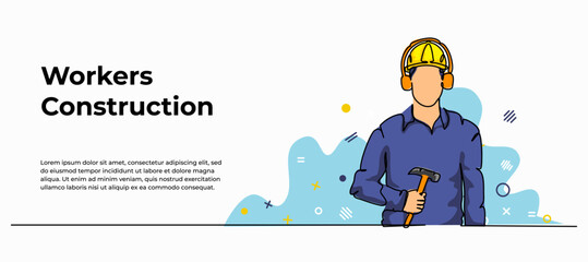Vector illustration of a man is holding a hammer. Modern flat in continuous line style.