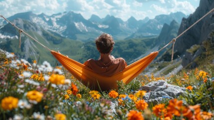 Relaxed young man in a hammock atop a mountain, surrounded by wildflowers, clear blue sky, vibrant, life-affirming, AI Generative