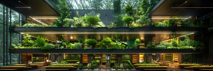 An Indoor Vertical Farm Featuring Multiple Layers,
Vertical farm with ornamental plants growing on multiple shelves  - obrazy, fototapety, plakaty