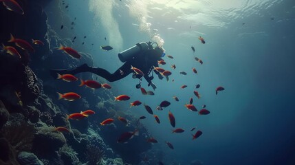 Fototapeta na wymiar The diver, wearing a diving suit, dived into the deep sea and swam past a group of beautiful fish, Low angle, AI Generative
