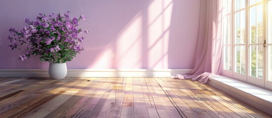 Room featuring a wooden floor and lilac accents
