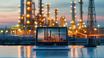 A laptop is open on a table with a view of a city skyline in the background. The laptop screen is displaying a beautiful sunset, creating a serene and calming atmosphere