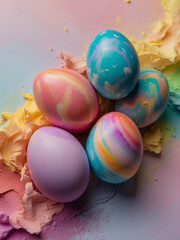 Easter holiday celebration banner greeting card banner, with colourful painted easter eggs that mirrors a pastel rainbow with swirls of ethereal pastel nebulas, colorful, confetti, and festive easter