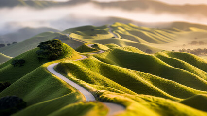 Stunning landscape of green rolling hills with a winding road and morning mist at sunrise.