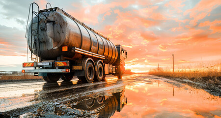 A fuel tanker on a wet road during a vibrant sunset, reflecting on the puddles, representing transportation of goods.