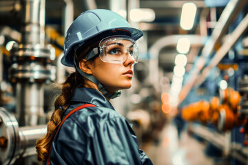 Confident female engineer in safety helmet and goggles at an industrial manufacturing plant.