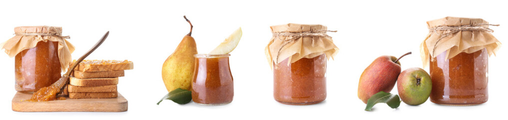 Set of sweet pear jam isolated on white