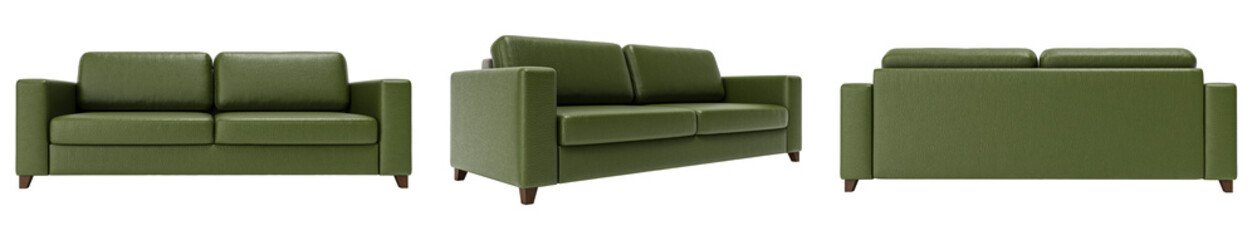 Modern and luxury Green leather sofa set isolated on white background. Furniture Collection. 