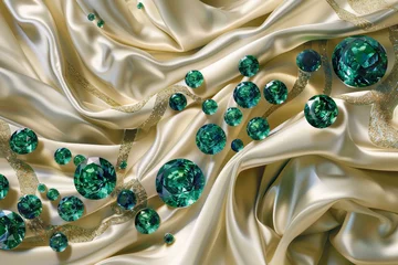 Fotobehang An abstract wallpaper pattern showcasing a cascade of emerald gemstones against a silk backdrop © mila103