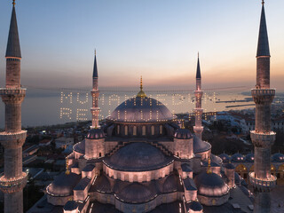 Blue Mosque (Sultanahmet Cami) in the Night Lights Drone Photo, Sultanahmet Camii Fatih, Istanbul Turkiye (Turkey)