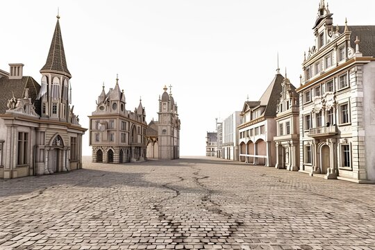 3D Render of historical cityscape with cobblestone streets and ornate architecture, on isolated white background, Generative AI