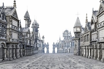 Fototapeta premium 3D Render of historical cityscape with cobblestone streets and ornate architecture, on isolated white background, Generative AI