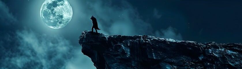 Lone Wolf Howling at the Ethereal Moonlit Cliff overlooking the Wilderness Landscape - obrazy, fototapety, plakaty