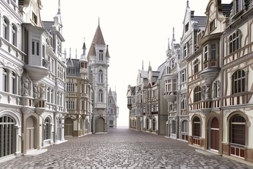 Fototapeta na wymiar 3D Render of historical cityscape with cobblestone streets and ornate architecture, on isolated white background, Generative AI