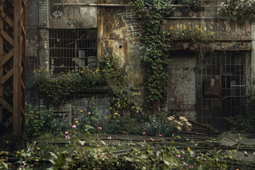 An old, abandoned factory reclaimed by nature. Ivy creeps up the rusted metal structures, and wildflowers bloom in the cracks of the concrete.