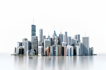 Obraz premium 3D Render of modern city skyline with skyscrapers and office buildings, on isolated white background, Generative AI