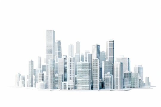 3D Render of modern city skyline with skyscrapers and office buildings, on isolated white background, Generative AI