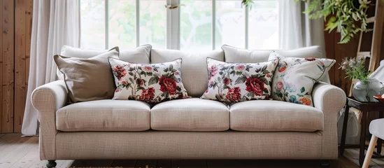 Gartenposter Soft gray fabric sofa with cushions and floral decor © Vusal