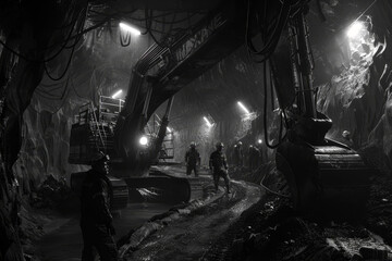 An underground mining operation. Miners with headlamps illuminate the dark, rocky tunnel as they work with heavy machinery to extract valuable resources.