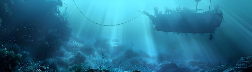 Sunken Vessel Shrouded in Ethereal Underwater Splendor - obrazy, fototapety, plakaty