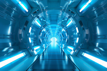 Blue science fiction space warehouse interior, technology space square platform background