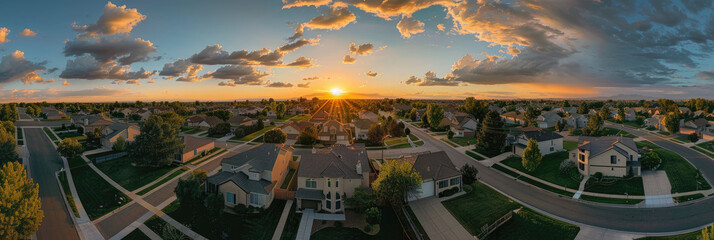 A panoramic view of an idyllic suburban neighborhood at sunset, with multiple single family houses...