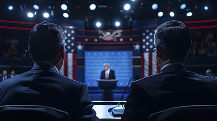 Pre-Election Debate Two Candidates Exhibiting Determination in a High-Tech Debate Hall - obrazy, fototapety, plakaty