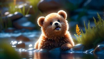 A close-up of a cute, fluffy teddy bear with intricate details and vivid colors