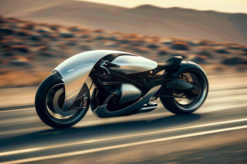 A sleek motorcycle speeding down an open road. The bike's minimalist design and nimble handling...
