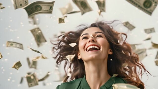 Brown-haired girl throws banknotes Demonstrates luxury and extravagance