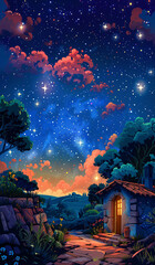 Illustration of a quiet night in the summer countryside, illustration of the Beginning of Summer solar term scene