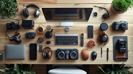  A cutting-edge workspace with innovative gadgets and tech tools neatly organized on a minimalist desk