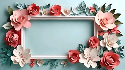 Frame with paper flowers on white background. Copy space area background.