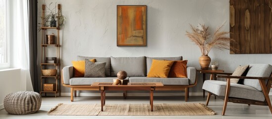 Stylish home living room interior with wooden furniture and mock up canvas poster on wall.