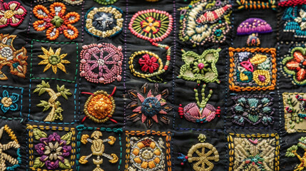 An embroidery piece showcasing detailed traditional patterns and symbols used in Thai traditional medicine for treating various ailments.