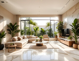 A large modern living room with lots of plants and a sofa and lots of sunlight. beige marble floor