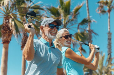 senior couple playing golf, happy and smiling at the camera, blue sky with palm trees in the background