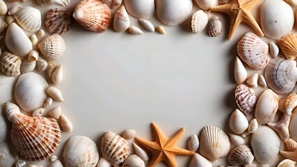 Fototapeta na wymiar Frame with Sea shells on white background. Nature copy space area background.