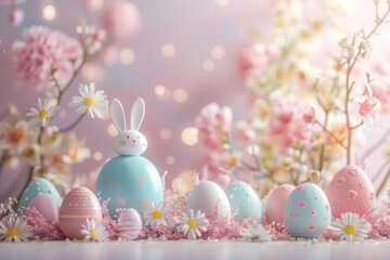 A whimsical 3D cartoon of an Easter scene with a bunny figurine and decorated eggs amongst flowers. - obrazy, fototapety, plakaty